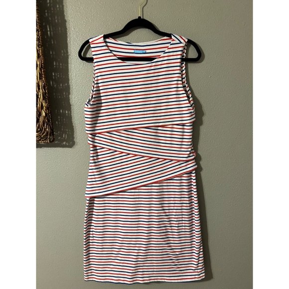 J. McLaughlin Dress M Medium Stretch Stripes Red White Blue Tiered - Picture 6 of 7